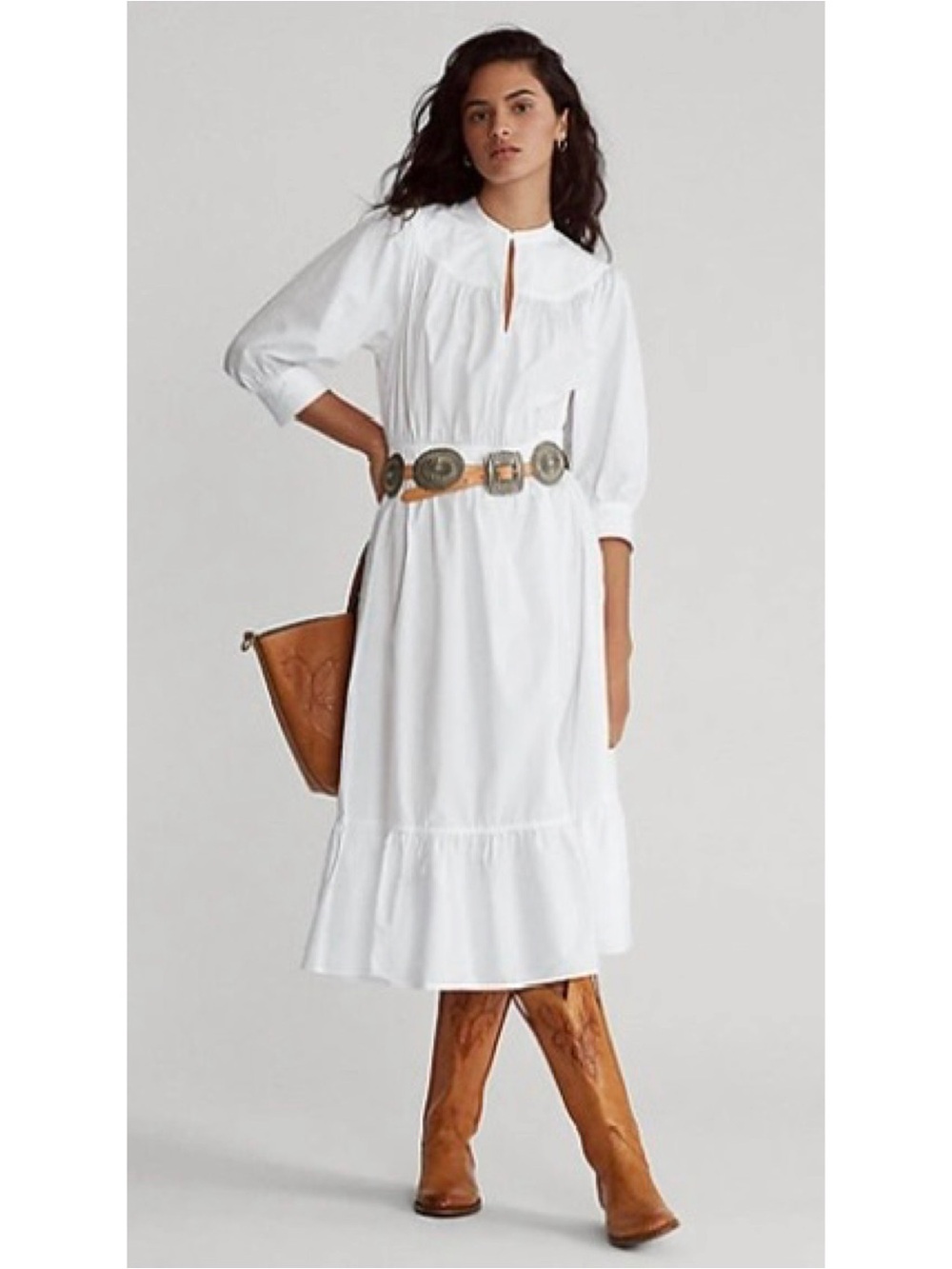 Polo Ralph Lauren Cotton Broadcloth Midi Dress Size 6 White Peasant Prairie Flaw